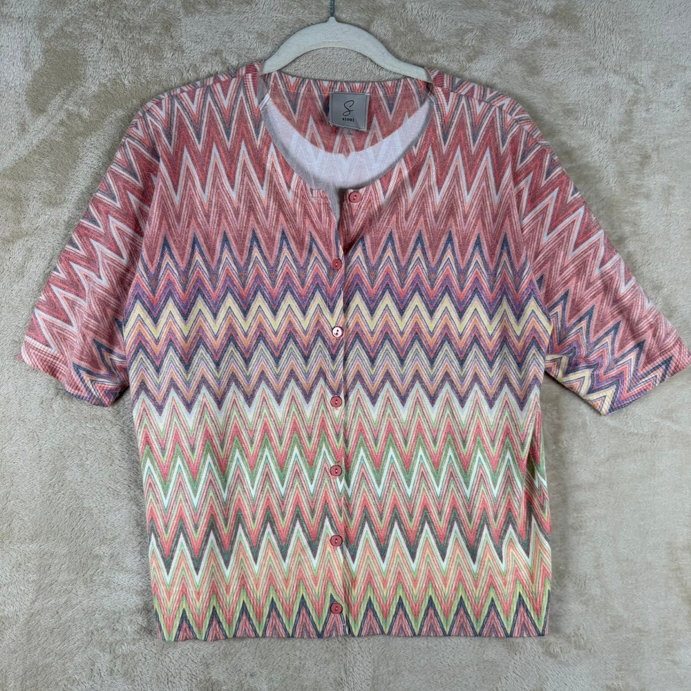 sioni Womens‎ Cardigan Sweater Knit Zig Zag Print Short Sleeve Button Front L